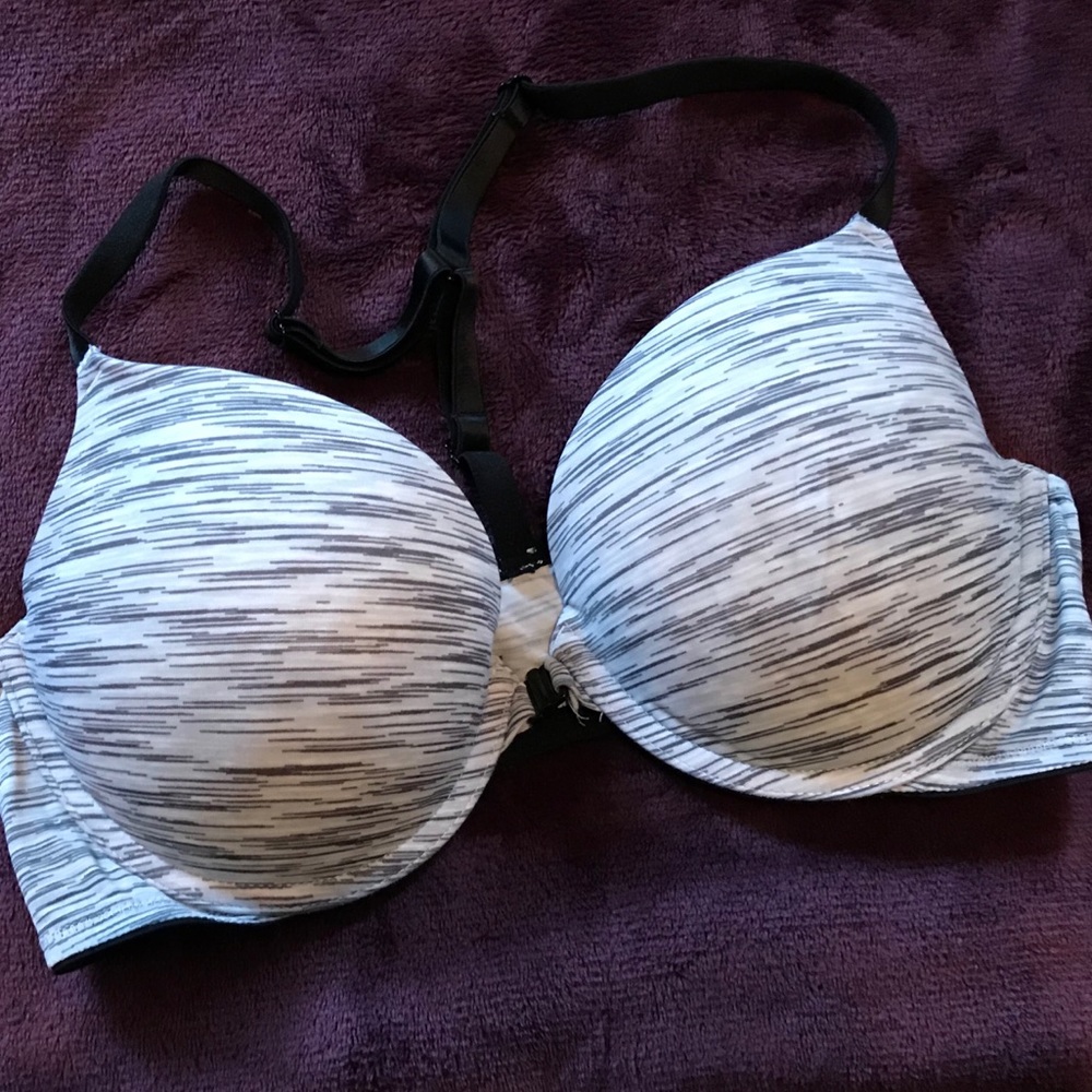 Striped racer back bra that has a front clasp